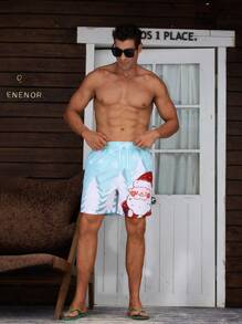 Manfinity Swimmode Pantalones cortos de playa con cordón en la cintura, bolsillos laterales y estampado de Papá Noel y copos de nieve para hombre, verano