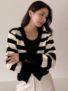 DAZY Cárdigan de mujer elegante con contraste de color, parches y rayas, dobladillo doble, ropa de otoño