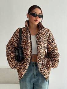 Flirla 1 pieza Abrigo acolchado con cremallera frontal de estampado de leopardo, de manga larga, para vestir informal en invierno