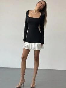 Aloruh 女士现代时尚黑白对比褶皱紧身优雅迷你连衣裙，适合外出 - 黑與白 - 查看 7