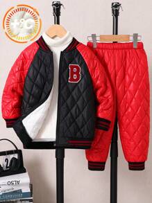 2 件装年轻男孩休闲保暖羊毛加垫棒球领红色撞色卡其色宽松服装，包括夹克和裤子，适合旅行、上学、日常聚会、秋冬季 - 彩色 - 查看 6