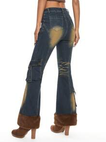 ROMWE Grunge Punk Quần Jeans Nữ Ống Loe Cạp Thấp, Vải Vá Lông Viền Thấp Y2K Distressed - Màu xanh lam - Xem 5