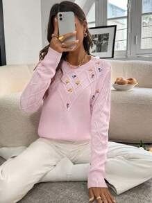 SHEIN LUNE Women's Casual Floral Embroidered Loose Crew Neck Long Sleeve Sweater, Autumn/Winter, Knit Pullover Fall - Pink - View 5