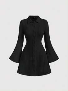 SHEIN MOD 女式罗纹针织喇叭袖休闲连衣裙，秋冬款 - 黑色 - 查看 1
