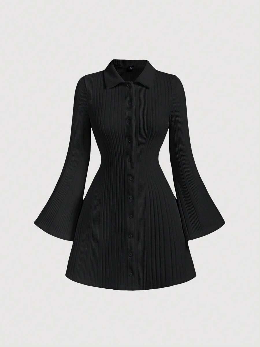 SHEIN MOD 女式罗纹针织喇叭袖休闲连衣裙，秋冬款 - 黑色 - 查看 1
