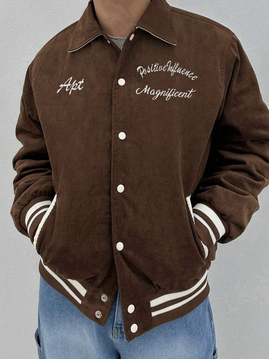 DAZY Men Letter Embroidered Single Breasted Casual Jacket, Autumn' - Brown - View 1