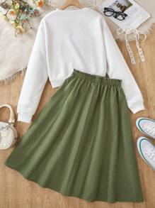 Teen Girls Cartoon Letter Graphic Sweatshirt And Elastic Waist Button Skirt Set