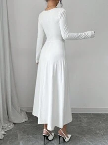 Firerie 女士优雅通勤纯色白色不对称领长袖褶皱腰 A 字裙，优雅适合除夕、秋季、冬季 - 白色 - 查看 3