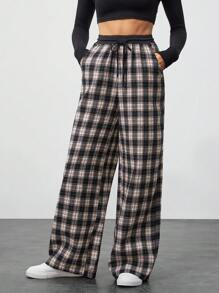 SHEIN Tall Contrast Color Black And White Plaid Versatile Casual Texture Design Loose Trousers - Black and White - View 4
