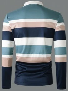 Manfinity Homme Men's Spring Summer Stripe Long Sleeve Casual Commuter Polo Shirt