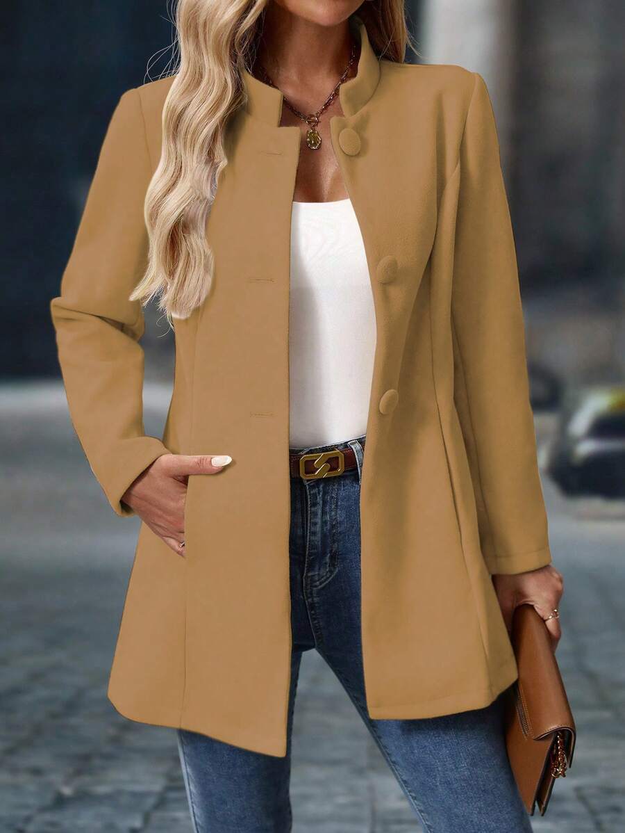 EMERY ROSE Thick Coat Women Casual Stand Collar Mid-Length Long Sleeve Outerwear, Autumn/Winter Fall Cloth For Women - Brown - View 1