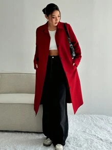 Flirla 女士休闲纯色单排扣长夹克 - 酒紅色 - 查看 5