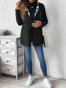SHEIN Maternity Casual Zip-Up Long Sleeve Hoodie Jacket With Pockets, Pockets, For Autumn - Black and White - View 7
