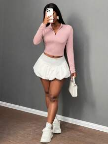 Slaydiva Casual Basic Zip Mock Neck Long Sleeve Tight Stretchy Jacket Top For Women -E In Fall/Winter - Pink - View 5