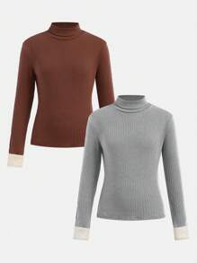 paquete múltiple de tops térmicos de cuello alto acanalados con contraste de color para niñas preadolescentes