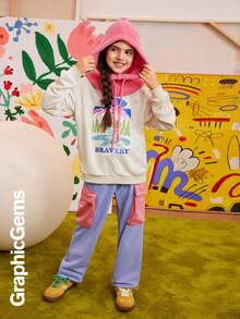 Tween 女童两件套休闲宽松字母印花长袖运动衫和工装裤，秋冬 - 彩色 - 查看 8