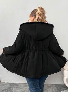 SHEIN CURVE+ Plus Size Women's Fluffy Hooded Padded Coat, For Winter - Black - View 2