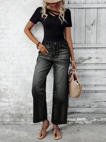 EMERY ROSE Vacation Casual Washed Retro Straight Leg Jeans - Black - View 4