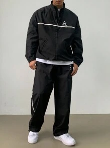 DAZY Men's Letter Print Stripe Stitching Jacket Set, Autumn - Black - View 3