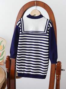 Young Girl College Style Girls Colorblock Striped Navy Sailor Collar Patchwork Navy & White Knit Dress, Suitable For School And Outings. - Navy Blue - View 2