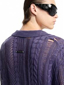 Manfinity VCAY 男士秋季时尚宽松长袖做旧镂空开衫，适合秋冬 - 紫色 - 查看 6