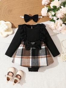 可爱甜美女婴黑色格子拼布针织长袖连体衣 + 头带，秋冬款 - 黑色 - 查看 1