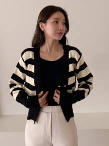 DAZY Cárdigan de mujer elegante con contraste de color, parches y rayas, dobladillo doble, ropa de otoño