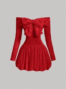 SHEIN MOD Women's White Velvet Bowknot Open Shoulder Long Sleeve Bubble Dress, Fall Women Dresses,White Dress,Homecoming Dress Short, Dress, Dress - Red - View 1