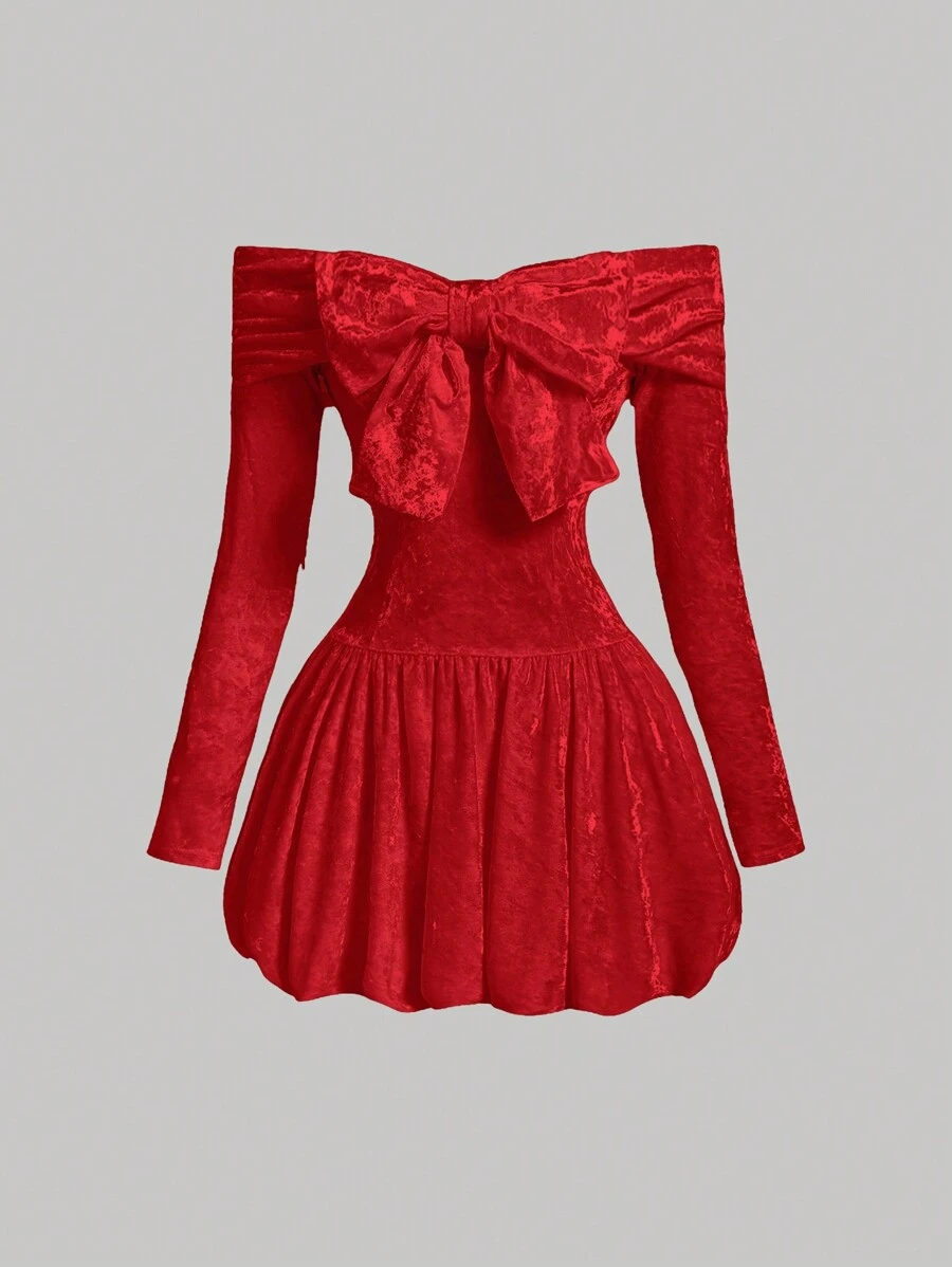 SHEIN MOD Women's White Velvet Bowknot Open Shoulder Long Sleeve Bubble Dress, Fall Women Dresses,White Dress,Homecoming Dress Short, Dress, Dress - Red - View 1