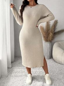 SHEIN Frenchy Plus Size Casual Solid Color Side Slit Fitted Dress, Autumn/Winter - Apricot - View 4