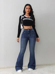 SHEIN Tall 女士牛仔裤 休闲紧身弹力喇叭牛仔裤 牛仔裤 - 深色水洗藍 - 查看 7