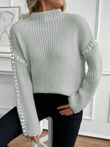 SHEIN LUNE 新款半高领宽松长袖套头毛衣，秋冬休闲针织衫 - 灰色 - 查看 5