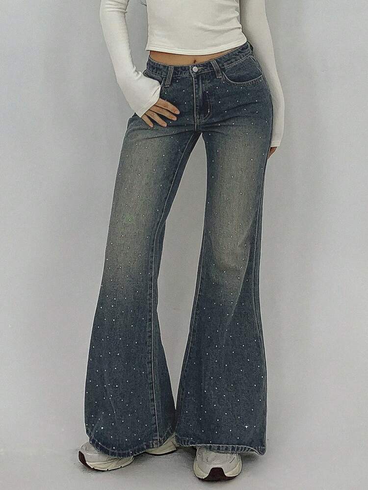 Women's Rhinestone Embellished Pockets Flared Jeans Low Rise Jeans