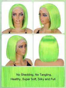 Green Bob Human Hair Wig, 13x4 Lace Frontal Short Straight Bob Wigs, Pre‑Plucked Hairline, 150% Density, Healthy Durable Remy Hair, Natural Looking For Women Daily Wear & Halloween Cosplay - SGreen - View 2