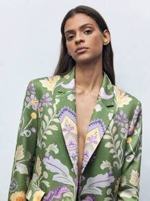 SHEIN X LOS FAVORITOS DE ANA GONZALEZ Maija 女士数码印花绿色单排扣西装外套，休闲度假装，适合圣帕特里克节、复活节、春假、音乐节等场合，秋冬季复古风尚之选。 - 綠色 - 查看 5