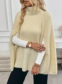 SHEIN Unity 1 Stück Pullover mit Rollkragen, Strickpullover mit Seitenschlitzen und Cape, Strickpullover für Herbst und Winter - Beige - Übersicht 3