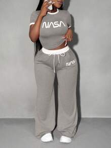 SHEIN SXY Summer;2pcs/Set Rose Pink Sporty Contrast Trim Top With Relaxed Fit Wide Leg Pants, Casual Tracksuit