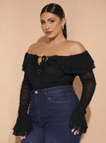 SHEIN BAE Plus Size Fall Elegant Going Out Sexy Party Woman Black Mesh Strapless Off Shoulder Ruffle Tube Top Sexy Front Center Tie Ruffle Cuffs Gathered Bodysuit Sweet Bodysuit Party Bodysuit Wedding Guest Bodysuit Halloween Outfit Christmas Outfit Birthday Party Outfit