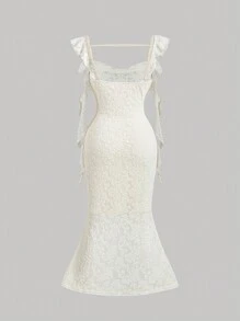 SHEIN MOD Plus Size Party Dress With Swollen Collar And Fungus Streamers Decorated Apricot Tight Long Dress, Summer Mid-Length Dress, Sexy Dress, Prom Dress, Date Dress, Apricot Dress, Elegant Dress, Flowing Dress, Prom Dress,Birthday Dresses For Women