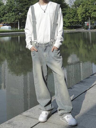 Claim Dot Men's Solid Color Thick Strap Pocketed Sleeveless Casual Denim Jumpsuit & Bib Pants