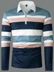 Manfinity Homme Men's Spring Summer Stripe Long Sleeve Casual Commuter Polo Shirt