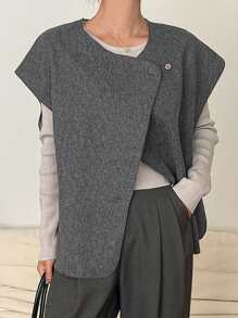 Dazy-Less Áo khoác vest không tay hai hàng khuy cho nữ, màu trơn, phong cách cổ điển dành cho mùa thu đông, trang phục công sở cho nữ - Màu Xám nhạt - Xem 7