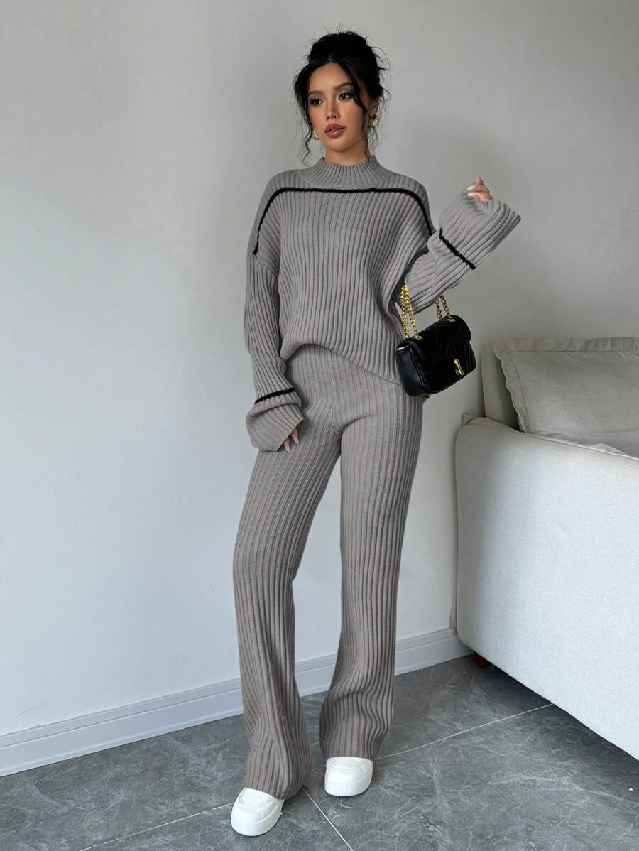 Elenzga 2pcs/Set Stand Collar Color Block Trim Long Sleeve Top And Pants Knit Sweater Set - Grey - View 1