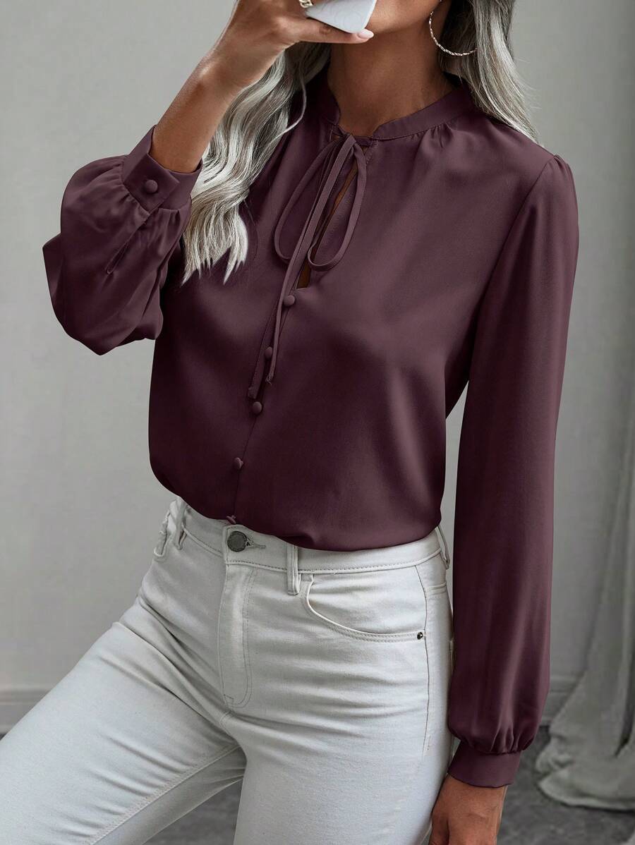 EMERY ROSE 1pc Women Casual Solid Color Lantern Sleeve Tie Collar Blouse, Autumn Fall Cloth For Women - Purple - View 1