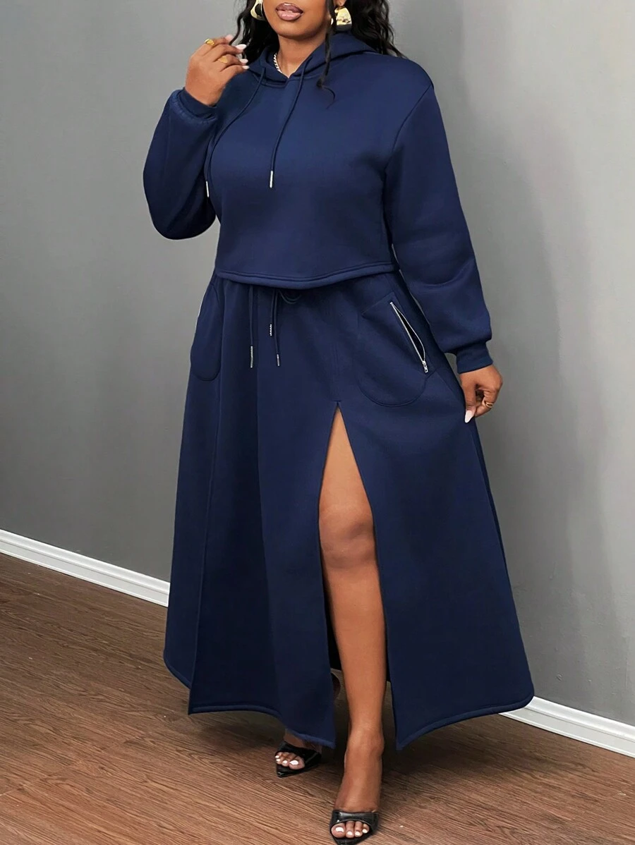 Slaydiva 2pcs Plus Size Women Sports Style Solid Color Long Sleeve Hoodie And Split Hem A-Line Skirt Set
