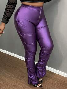 Slaydiva Quần dài thường ngày thanh lịch, co giãn, màu đen, khóa kéo phía trước cỡ lớn cho mùa thu đông - Màu tím - Xem 7