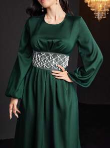 Modelyn 优雅水晶装饰收腰灯笼袖连衣裙，秋季长款晚礼服