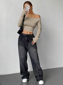 Flirla Minimalist Casual Versatile Women's Asymmetric Neckline Long Sleeve Sweater
