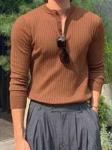 DAZY 1pc Men's Solid Coffee Brown Ribbed Knitted Half-Placket Sweater, Autumn - Brown - View 9