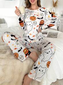Conjunto de pijama con capucha de manga larga con estampado de calabaza de Halloween, ropa de otoño - Multicolor - Ver 6